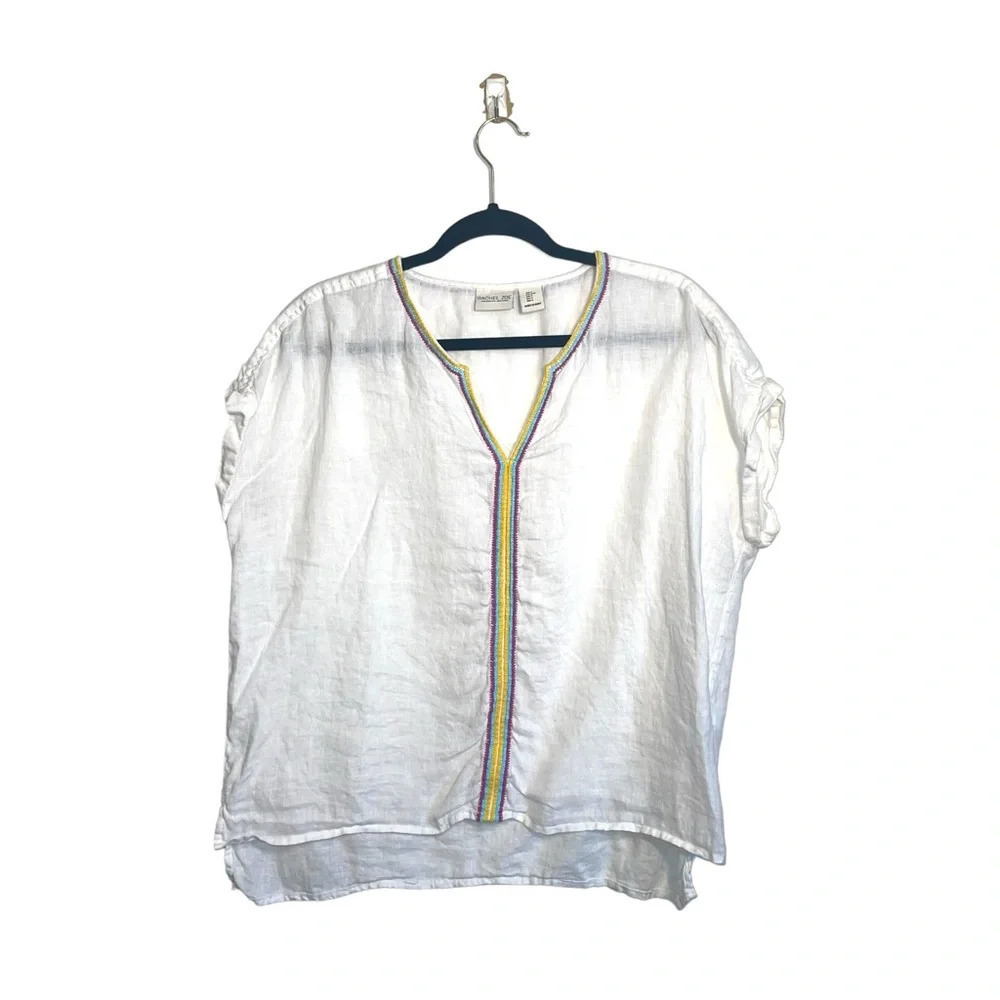 Rachel Zoe 100% Linen White Multicolor Embroidered Boxy Top Large Women’s